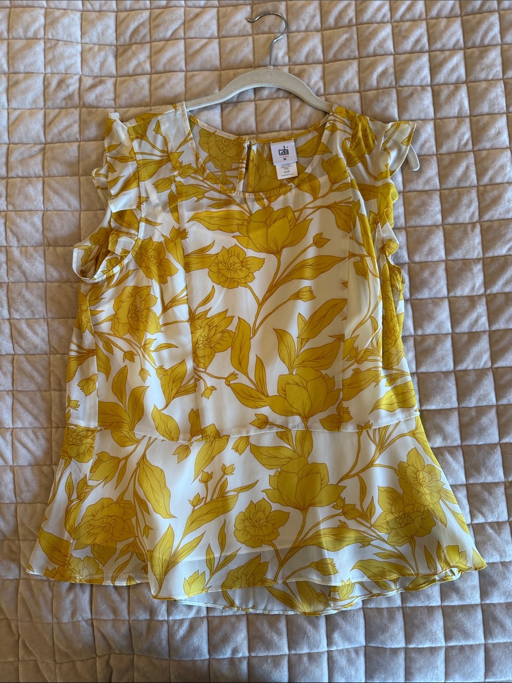 CAbi Yellow Floral Ruffle Sleeve Peplum Blouse